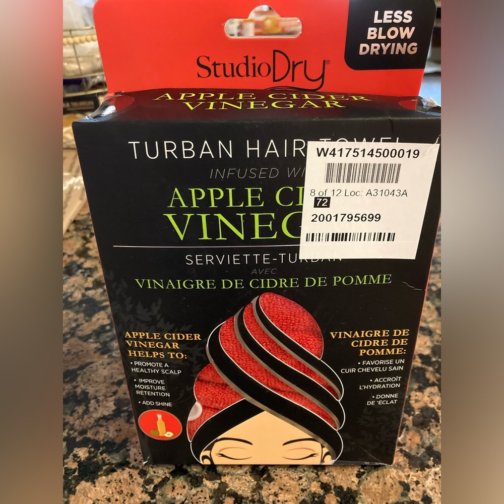 Studio Dry Turban Hair Towel infused with apple cider vinegar.